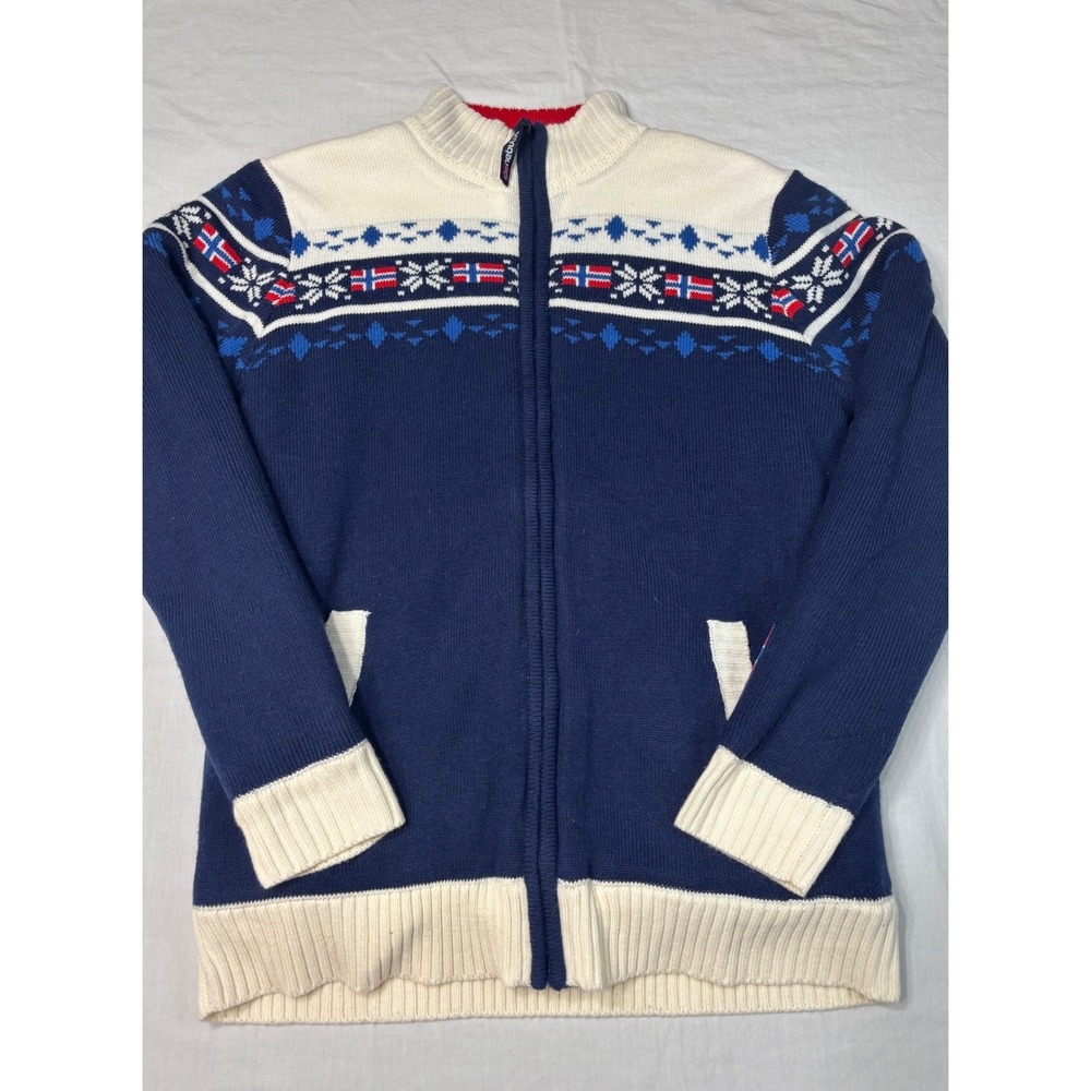 Nebulus Mens Canadian Jacquard Cardigan Navy Blue Nordic Full Zip Sweater L/50
